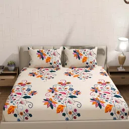 BLUEDOT Pummy Cream Printed Polycotton 210 TC Fitted King Bedsheet Set 1.98 m x 1.82 m-picture-10