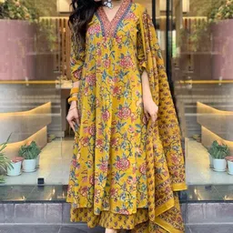 KALINI Floral Printed Regular Mirror Cotton A-Line Kurta with Palazzos & Dupatta-2
