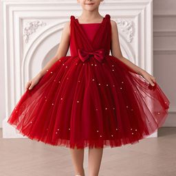 INCLUD Girls Embellished Square Neck Knee Length Fit & Flare Dress With Bow-picture-36