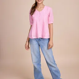 4WRD by Dressberry Solid V-Neck Puff Sleeve Cotton Top-image-71