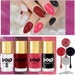 VOLO Set Of 4 Nail Polish-9ml Each-Dark Red - Black - Light Pink - Extra Shine Top Coat-45