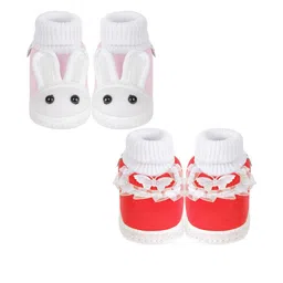 NESKA MODA Unisex Kids Red & Pink Cotton Bunny Printed Set Of 2 Booties-4