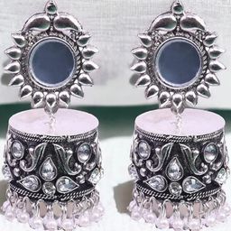 Traditional Mirror Jhumka Earrings, Oxidised Silver Earrings-image-55