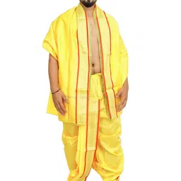 Exotic India Men Art Silk Ready to Wear Dhoti and Veshti Set with Woven Golden Border-image-82