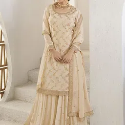 Seerat Women Ethnic Motifs Embroidered Regular Silk Chiffon Kurti with Sharara & With Dupatta-18