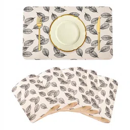 Aura Ceam-Colored & Black 6 Pieces Leaf-Printed Heat-Resistant Table Placemats-picture-14