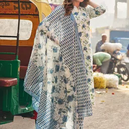 VIBE VISION Floral Printed Pure Cotton Notch Neck Straight Kurta With Trousers & Dupatta-image-4