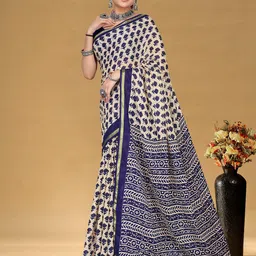 KALINI Bagru Floral Printed Pure Cotton Zari Saree With Blouse image 4