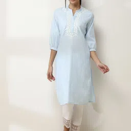 Rangriti Floral Yoke Design Mandarin Collar Puff Sleeves Cotton Straight Kurta-image-28