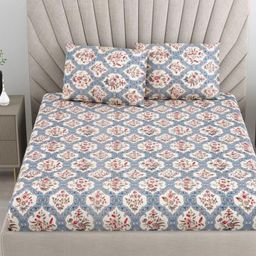 Aura Blue & White Floral 144 TC Queen Bedsheet with 2 Pillow Covers-image-93