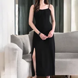 BAESD Solid Black Shoulder Straps Neck Slits Detail Bodycon Midi Dress-image-20