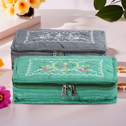 Aura Grey and Green 2 Pieces Embroidered 7-Compartments Jewellery Organisers-19