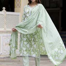 EthniFlair Women Floral Embroidered Regular Aari Work Pure Cotton Kurta with Pyjamas & With Dupatta-43