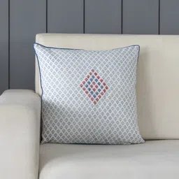 Eyaas White & Blue 2 Pieces Embroidered Block Printed Cotton Square Cushion Covers-image-23