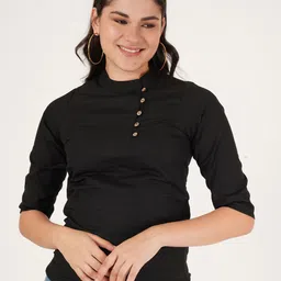 Brownverse Women Mandarin Collar Cotton Top-image-58