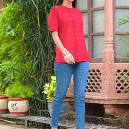 IKRASS Women Solid Ribbed High Neck Puff Sleeves Top-image-49