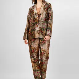 SUNFAIRY Printed Silk Shirt Collar Neck Coat With Trousers Co-Ords-picture-36