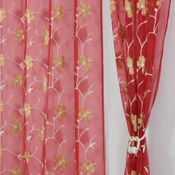 Aura Maroon & Yellow Set of 2 Embroidered Sheer Door Curtain-5