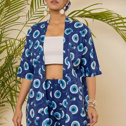 WineRed Evil Eye Printed Kimono Cotton Shrug With Shorts Co-Ords-image-95
