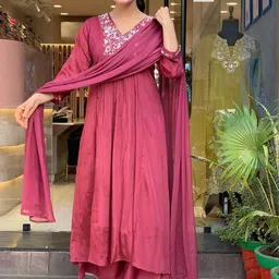 KALINI Women Solid Embroidered A-Line Pleated Kurta with Palazzo & Dupatta-picture-35