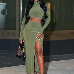 Outzidr High-Neck Long Sleeved Top & High Slit Skirt Co-Ord Set-image-25