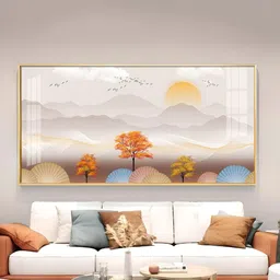 THE NEXT DECOR White & Orange Tree With Mountains Glass Finish Horizontal Wall Art-image-91