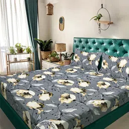 KLOTTHE Grey Floral Printed Fitted 300 TC King Double Bedsheet With 2 Pillow Covers-picture-15