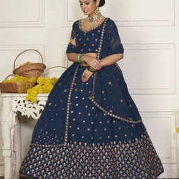 Warthy Ent Embroidered Mirror Work Semi-Stitched Lehenga & Unstitched Blouse With Dupatta-image-90