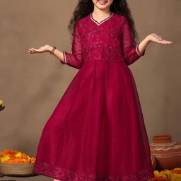 Sangria Girls Embroidered Fit & Flare Maxi Ethnic Dress-image-20