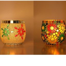 Somil Vibrant Multicolor Glass Candle Holder Add A Touch Of Magic To Diwali, Parties & Candlelight Dinners, Size-8.5 X 8.5 X 9 Cm , 8.5 X 8.5 X 9 Cm Pack OF 2-image-101