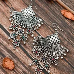 Bevy Pearls Artificial Stones Studded And Beaded Oxidised Floral Shaped Drop Earrings-picture-44