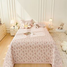 JC HOME Pink & Green Floral Printed 162 TC Double Superking Bed Cover With Pillow Covers-image-88