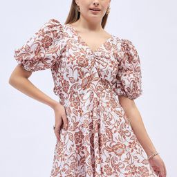 ANJIR Women Floral Print Puff Sleeve Fit & Flare Mini Dress-image-80