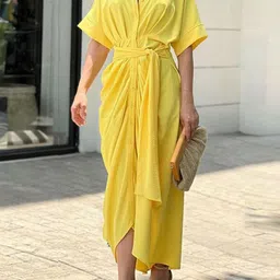 Outzidr Women Shirt Collar Short Sleeves Tie-Ups Sheath Maxi Dress-image-33