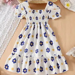 Kidotsav Girls Floral Printed Puff Sleeve Smocked Fit & Flare Dress-picture-6