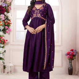 KALINI Floral Embroidered V-Neck Empire Anarkali Kurta with Palazzos And Dupatta-image-71