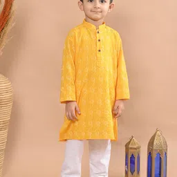 Sangria Yellow Boys Geometric Woven Design Pure Cotton Straight Kurta With Pyjama-image-78