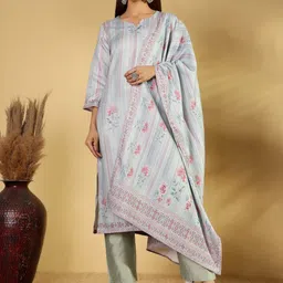 House of Pataudi Floral Printed Notch-Neck Straight Kurta With Trousers And Dupatta-image-64