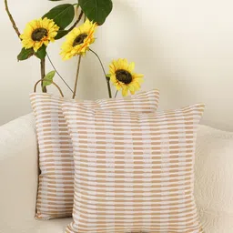 Jamio Firati Orange & Cream-Coloured 2 Pieces Striped Cotton Square Cushion Covers-22