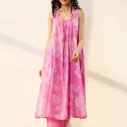Rustorange Women Floral Printed Pleated Pure Cotton Kurta with Palazzos-image-18