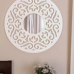 Homscape White Round Shaped Wood WallMirror-46