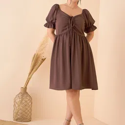 CURVE BY KASSUALLY Women Solid Sweetheart Neck Puff Sleeve Fit & Flare Dress-image-95