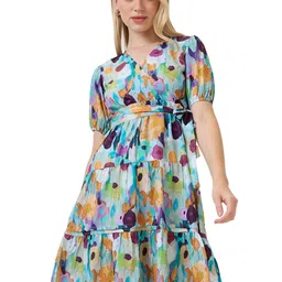 Amarasha Floral Print Puff Sleeve Crepe Fit & Flare Dress-picture-18