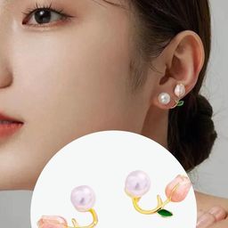 Light Luxury Pink Tulip Flower Pearl Stud Earrings-image-91