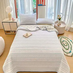 JC HOME White & Grey Striped Pure Cotton Double King Bed Cover With Pillow Covers-image-76