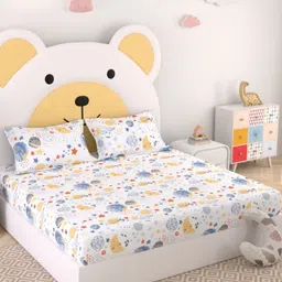 Pure Decor Kids White & Blue Abstract Cotton 260 TC Double Queen Bedsheet Set-2.28mX2.54m-image-49