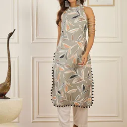 Anouk Floral Printed Halter Neck Pure Cotton Straight Kurta-picture-11