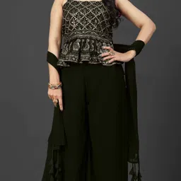 SANCIA Shoulder Straps Embroidered Georgette Ethnic Tunic With Palazzos & Dupatta-picture-4