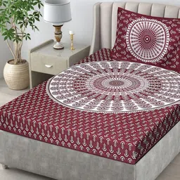 UBANIA COLLECTION Maroon & White Printed Cotton 144 TC Single Bedsheet Set 1.6 m x 2.28 m-image-98