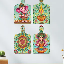ArtVibes 4-Pcs Green & Pink Pichwai Printed Wooden Wall Hangings-picture-32